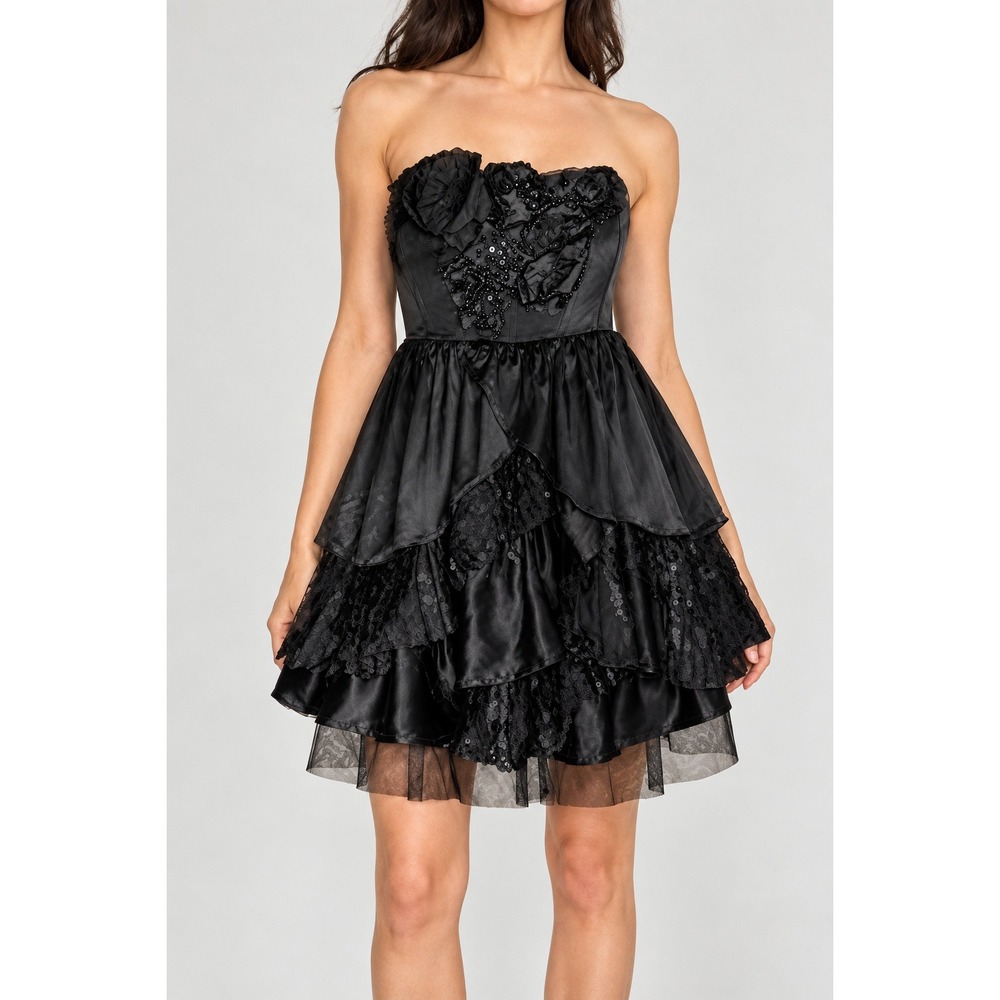 Betsey Johnson Black Silk Mini Dress Tiered Ruffle Strapless Floral Y2K Size 2